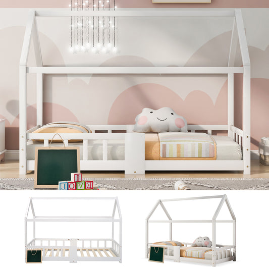 Gigab2b original image - Kinderbett Hausbett 90 x 200 cmHolzbett für Kinderzimmer inkl.Tafel Lattenrosten Rausfallschutz, aus KiefernholzWeiß (ohne Matratze)