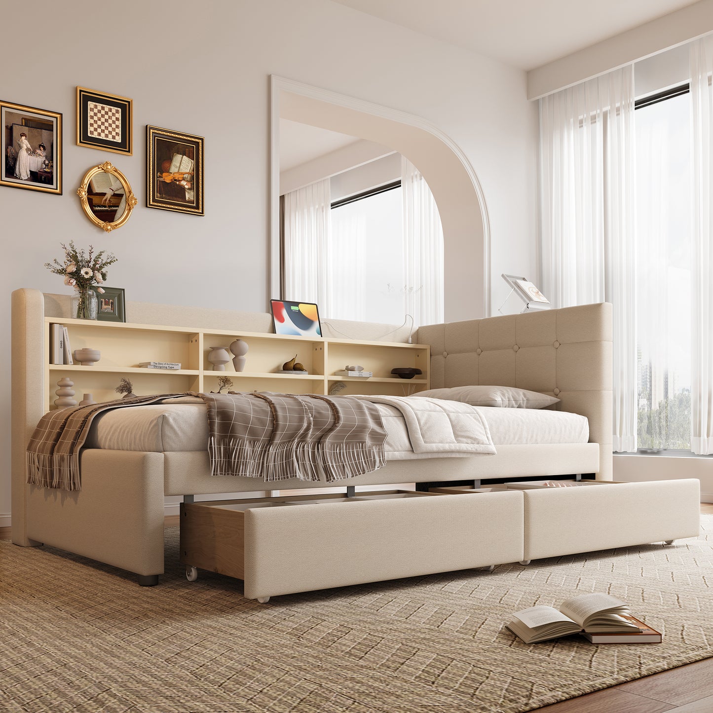 Daybett, 90*200cm, Tagesbett, Schlafsofa, mit 2 Schubladen, USB + Typ C, mehreren Ablagefächern, Bett mit Lattenrost (ohne Matratze), Leinen, beige