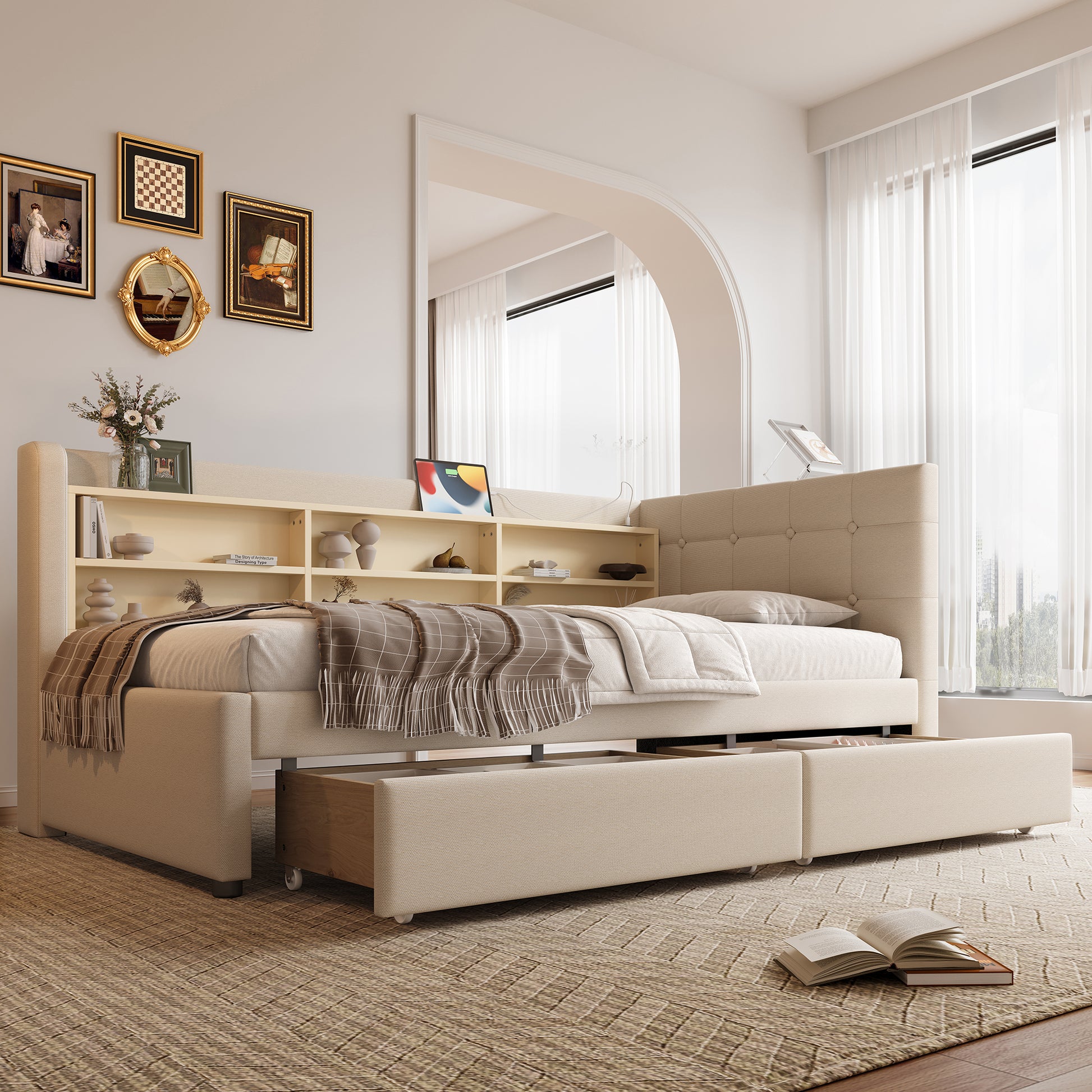 Daybett, 90*200cm, Tagesbett, Schlafsofa, mit 2 Schubladen, USB + Typ C, mehreren Ablagefächern, Bett mit Lattenrost (ohne Matratze), Leinen, beige