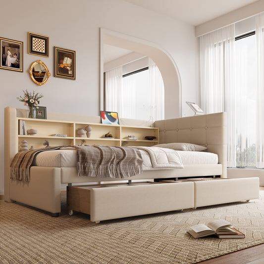 Daybett, 90*200cm, Tagesbett, Schlafsofa, mit 2 Schubladen, USB + Typ C, mehreren Ablagefächern, Bett mit Lattenrost (ohne Matratze), Leinen, beige