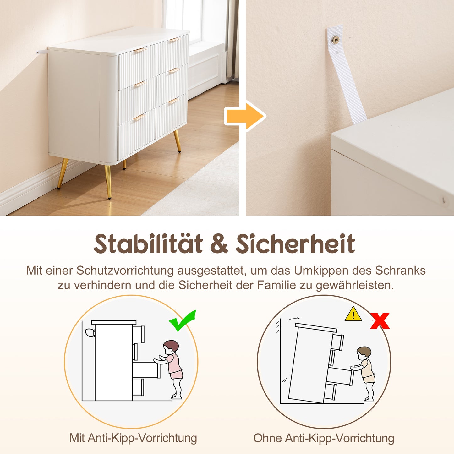 6-Drawer Dresser, Modern White Storage Chest with Metal Handles & Soft-Closing Slides, Sturdy MDF Bedroom Dresser for Living Room Hallway – Anti-Tip Device, 20cm Raised Legs for Robot Vacuum