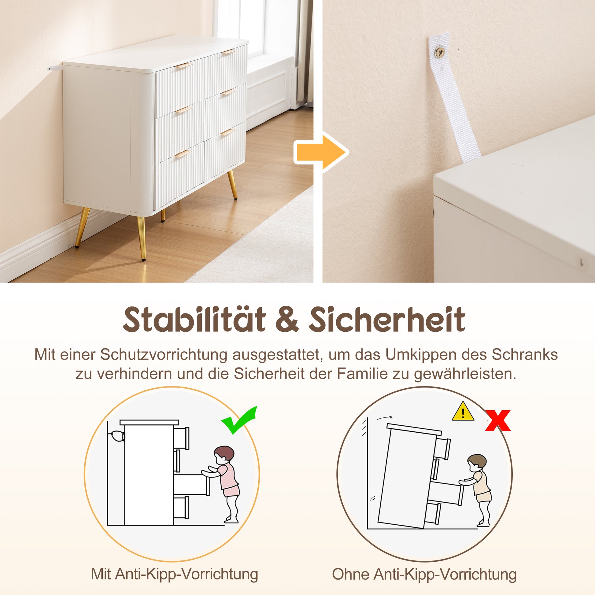 6-Drawer Dresser, Modern White Storage Chest with Metal Handles & Soft-Closing Slides, Sturdy MDF Bedroom Dresser for Living Room Hallway – Anti-Tip Device, 20cm Raised Legs for Robot Vacuum