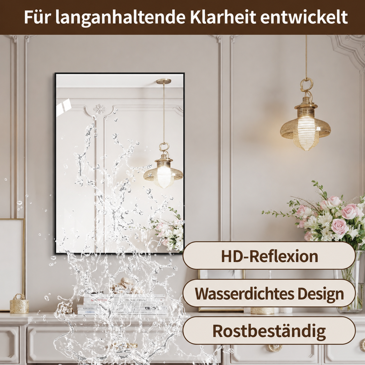 60x80cm Badezimmerspiegel mit Schwarzem Aluminiumrahmen, Kupferfreier HD-Wandspiegel, Horizontal & Vertikal montierbar, Für Bad, Flur und Ankleidezimmer