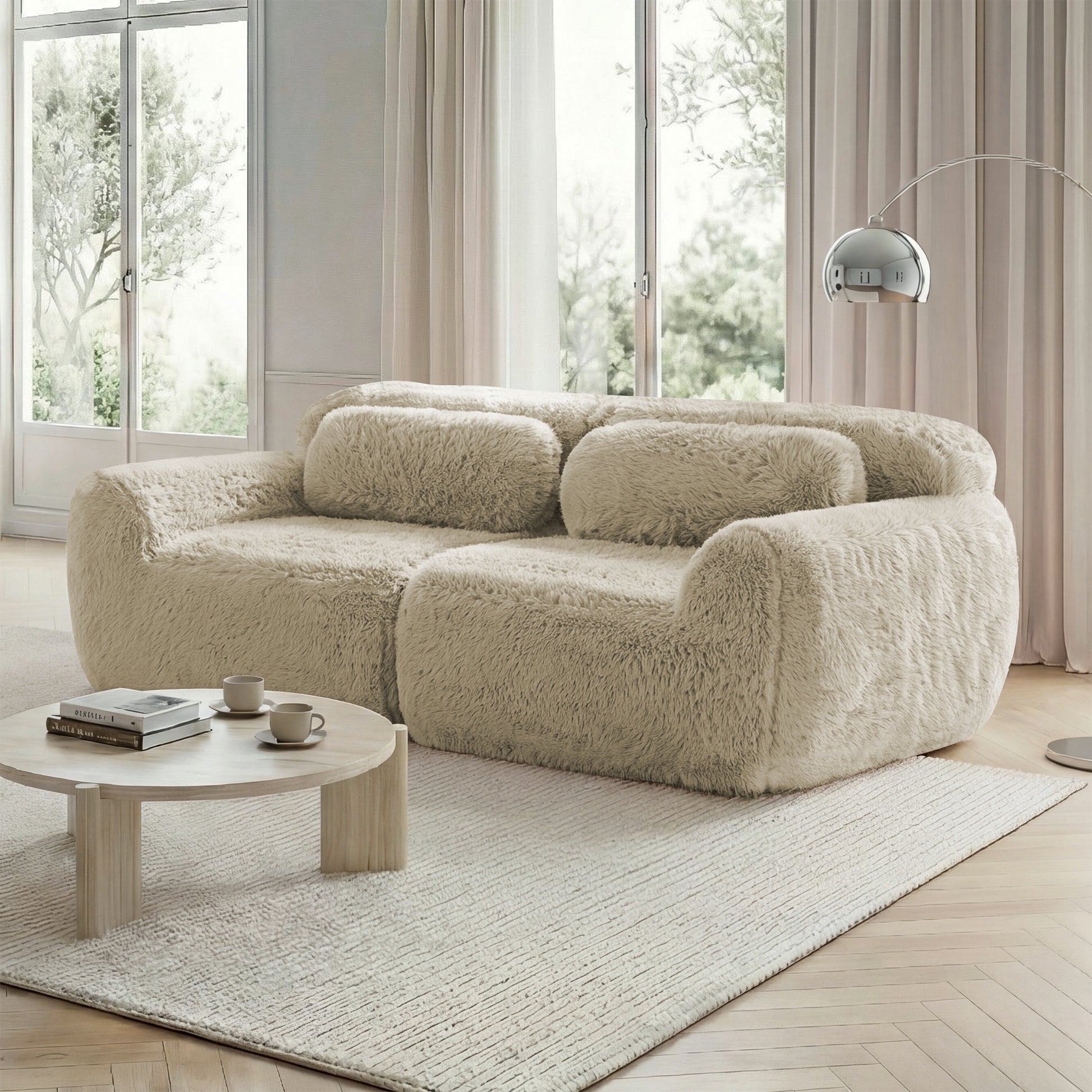 2-Sitzer Sofa, Plüschstoff, rahmenloses modulares Design, frei kombinierbar, mit Kissen. Weich, hochelastischer Schaumstoff, rutschfester Boden, geeignet für Wohnzimmer, Schlafzimmer, Hellkhaki