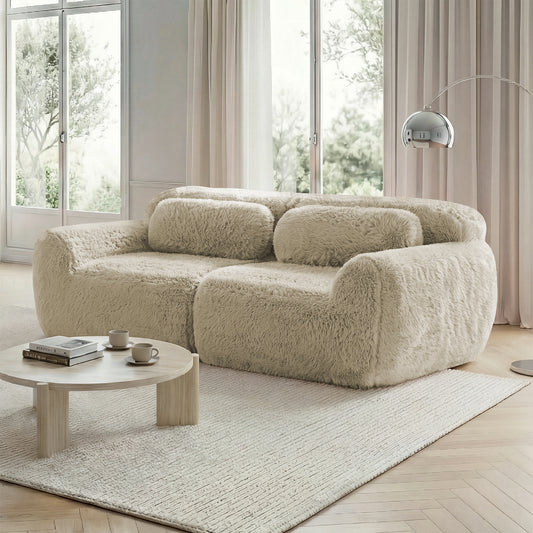 2-Sitzer Sofa, Plüschstoff, rahmenloses modulares Design, frei kombinierbar, mit Kissen. Weich, hochelastischer Schaumstoff, rutschfester Boden, geeignet für Wohnzimmer, Schlafzimmer, Hellkhaki