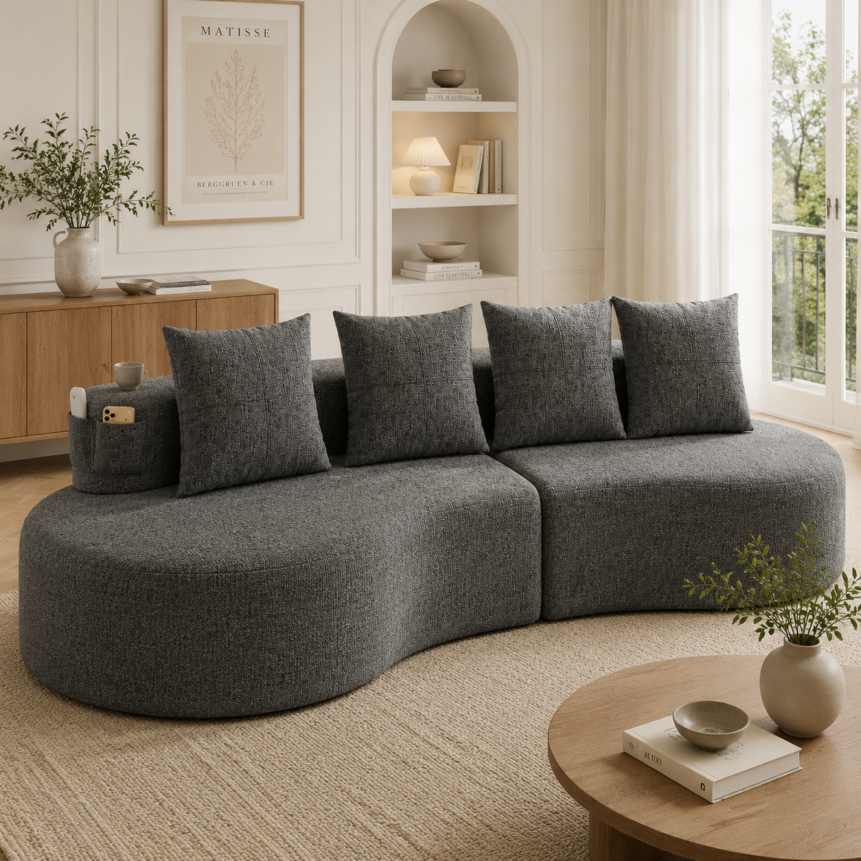 Gigab2b original image - Leinenstoff-Sofa mit 4 Kissen, Hochdichtschaumfüllung + Federstücke, Tassenhalter & Seitentasche – Einzigartiges Design, Bequem & Atmungsaktiv,Ideal fürs Wohnzimmer, Gästezimmer oder Balkon.Dunkelgrau