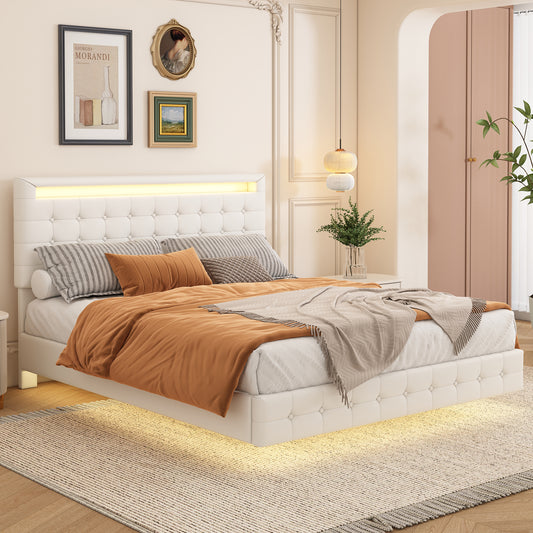 140*200cm Flachbett, LED-Umgebungslicht, Federung, PU-Material, dreistufige Höhenverstellung des Kopfteils,Weiß