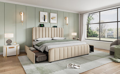 Polsterbett Doppeltes, gepolstertes Kopfteil mit goldenen Zierstreifen und ,USB Typ-C Ladefunktion 140*190 cm, Beige Leinen-Material mit 4 Schubladen ,Belastbarkeit 181 kg (Ohne Matratze)
