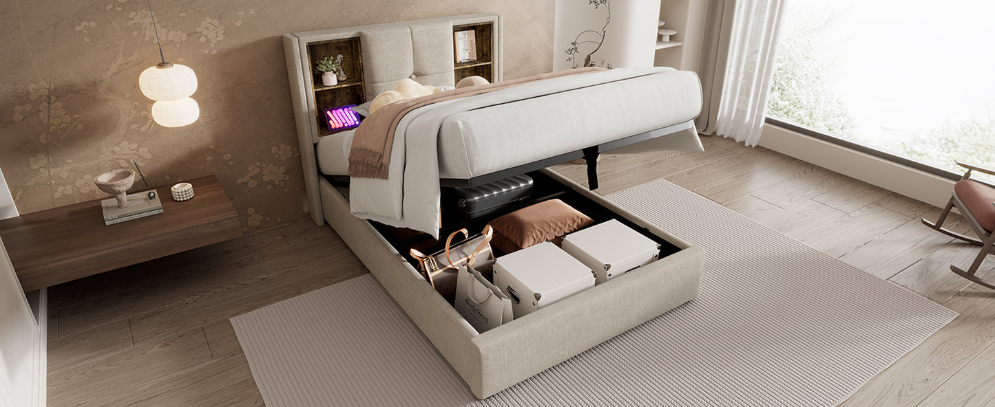 (=AB20359798N)Doppelbett mit Kabellosem Laden USB C, Polsterbett  Bettgestell 180x200cm,Bettgestell mit Stauraum Lattenrost aus Holz-Natürlich Leinen