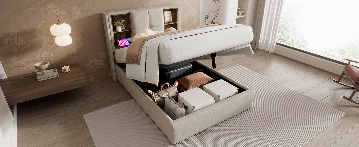 (=AB20359798N)Doppelbett mit Kabellosem Laden USB C, Polsterbett  Bettgestell 180x200cm,Bettgestell mit Stauraum Lattenrost aus Holz-Natürlich Leinen