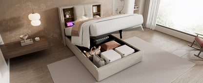 (=AB20359798N)Doppelbett mit Kabellosem Laden USB C, Polsterbett  Bettgestell 180x200cm,Bettgestell mit Stauraum Lattenrost aus Holz-Natürlich Leinen