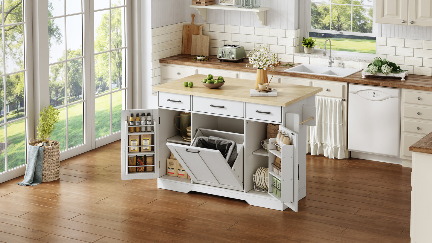 Mobile Kücheninsel mit klappbarer Arbeitsplatte, Küchenwagen, Stauraumschrank, Müllschrank, Buffetschrank mit Gewürzregal, Schublade und Rollen, 120 × 45 (70) × 87 cm