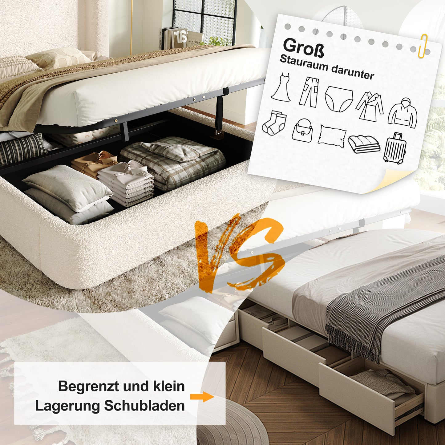 Polsterbett,Doppelbett,hydraulisches Funktionsbett,Bett mit Lattenrost, Kopfteil und  großem Stauraum, gepolstertes Kopfteil, Beige Bouclé, 180 x 200
