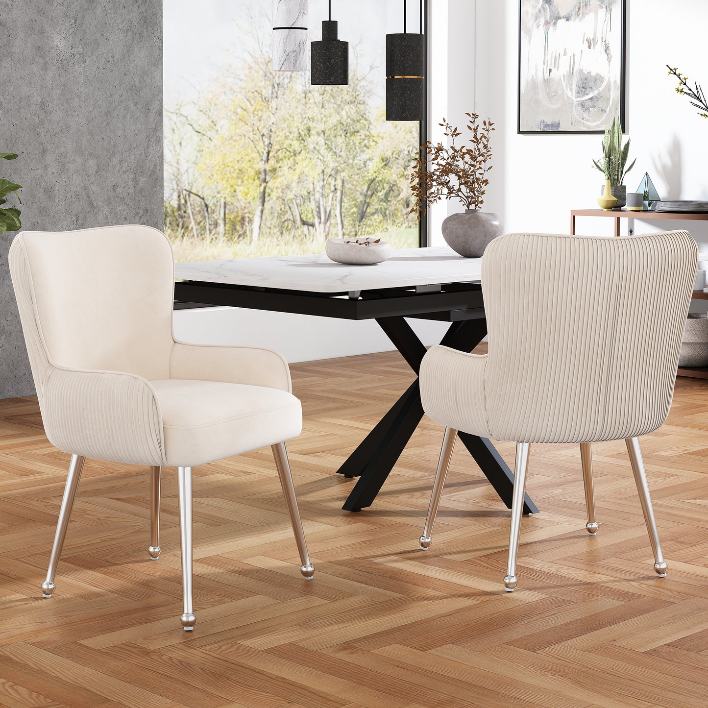 Gigab2b original image - Samt-Esszimmerstuhl, 2er-Set, luxuriös, Wohnzimmer, Schlafzimmer, Lounge-Stuhl mit vier Silberne Metallstützbeinen, Mit Armlehnen und verstellbaren Füßen, Lendenwirbelstütze,Beige