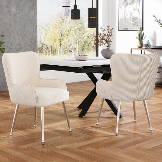 Gigab2b original image - Samt-Esszimmerstuhl, 2er-Set, luxuriös, Wohnzimmer, Schlafzimmer, Lounge-Stuhl mit vier Silberne Metallstützbeinen, Mit Armlehnen und verstellbaren Füßen, Lendenwirbelstütze,Beige