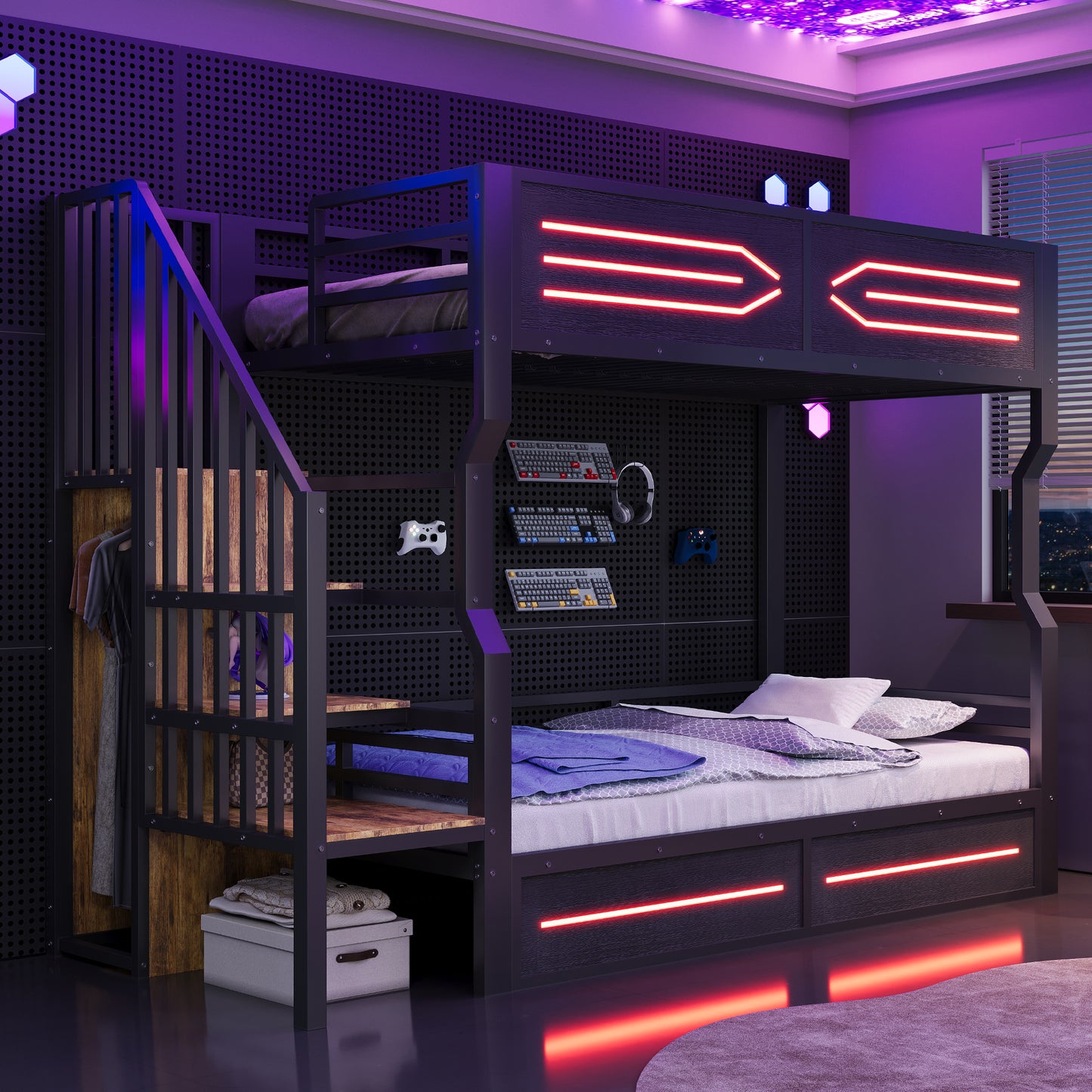 Gigab2b original image - Eisenbett 90 × 200 cm, mit Stauraum und kleiner Treppe im Schrankstil, mit LED-Beleuchtung, Hohem Geländer, Etagenbett, Jugendbett, Hochbett,Schwarz