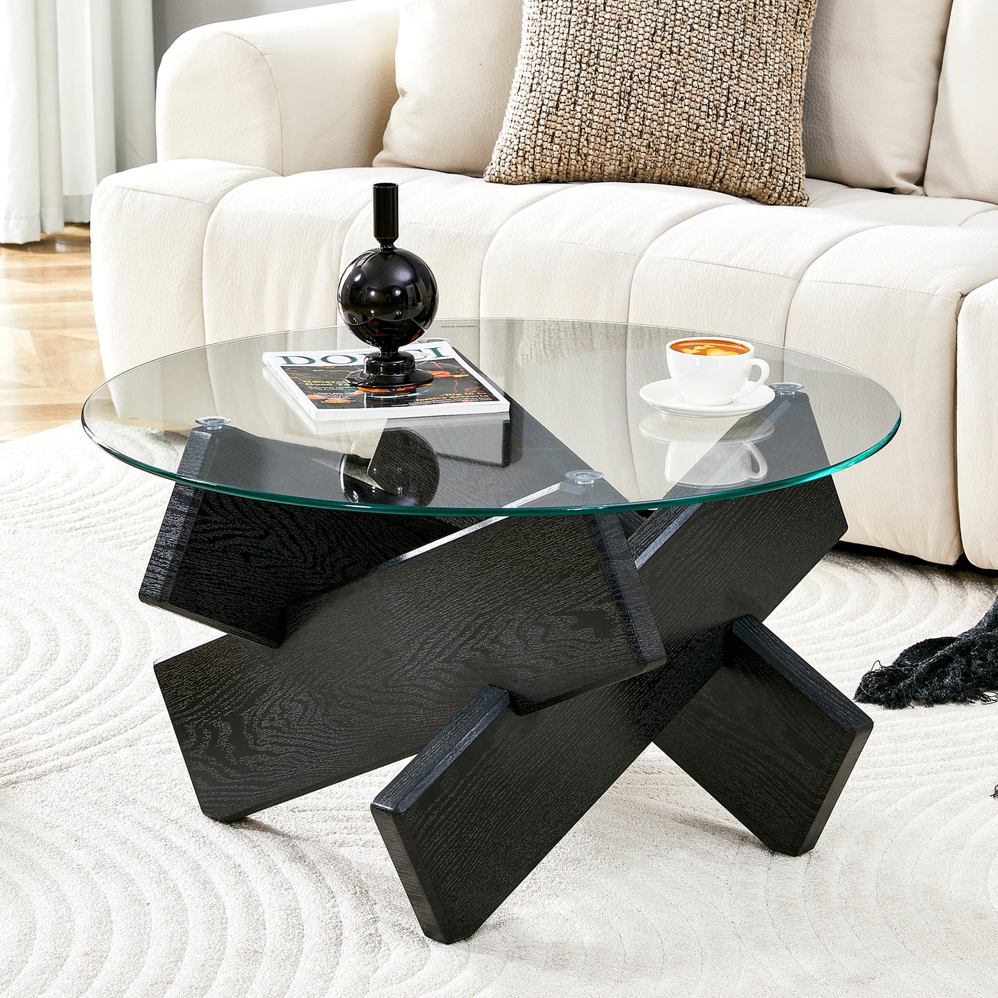 Gigab2b original image - Mehrfarbiger optional MDF+Glas runder Couchtisch: schwarze Holzkorn Stützbeine, einfach und stilvoll.79cm Durchmesser, 0,8cm dicke gehärtete Glasoberfläche.