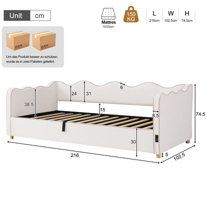 Daybett 90x200 cm mit hydraulischem Stauraum, Polsterbett, Tagesbett, Schlafsofa mit USB & Rückenlehne, bouclé, beige