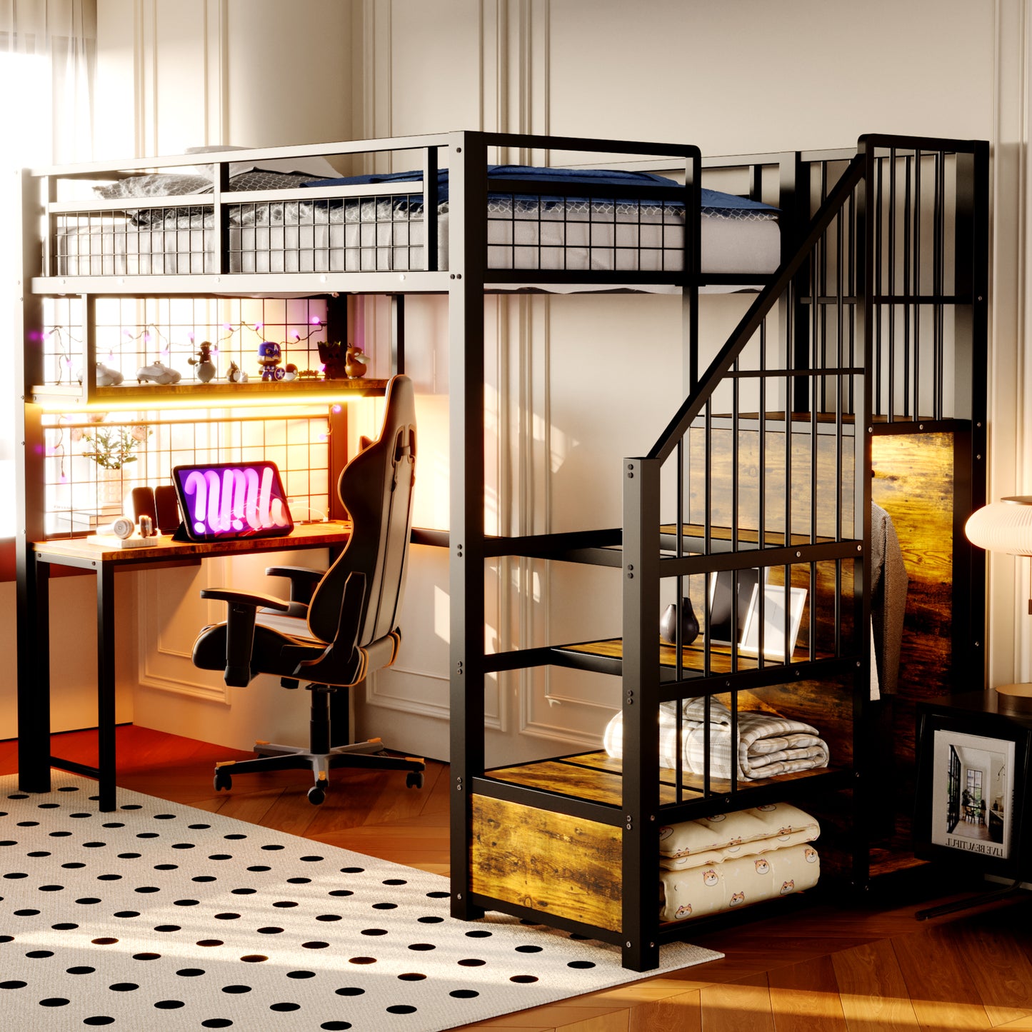 Gigab2b original image - Metall-Hochbett 90 x 200 cm, Mit Lichtleiste und Ladebuchse, Mit Stauraumleiter und einfachem Kleiderschrank, Komplett mit Regalen, Schreibtisch und Gitterregal, Schwarz