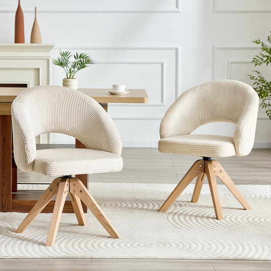 2er-Set Retro-Luxus-Drehstühle.Weißer Stoff mit vertikaler Streifenstruktur und Massivholzbeinen,360° leise Drehfunktion und umschließender gewölbter Rückenlehne.Geeignet für Esszimmer und Wohnzimmer.