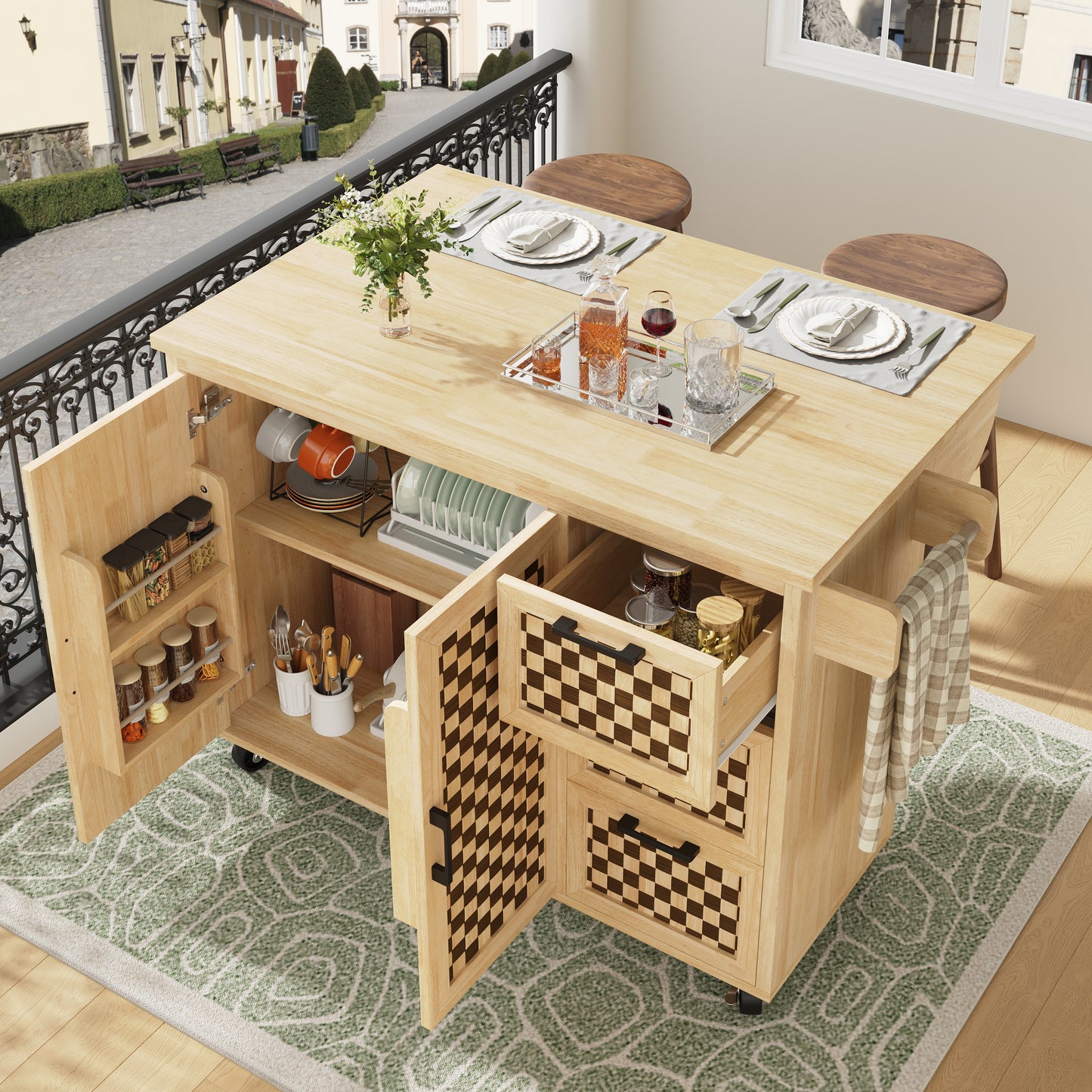 Gigab2b original image - Kücheninsel, Schrank, Buffetschrank 120 x 45 (75) x 92 cm, ausziehbarer Küchenwagen mit Rollen, mit Handtuchhalter, Türfachregal, zwei Türen, drei Schubladen, Schachbrettmuster, Holzmaserung