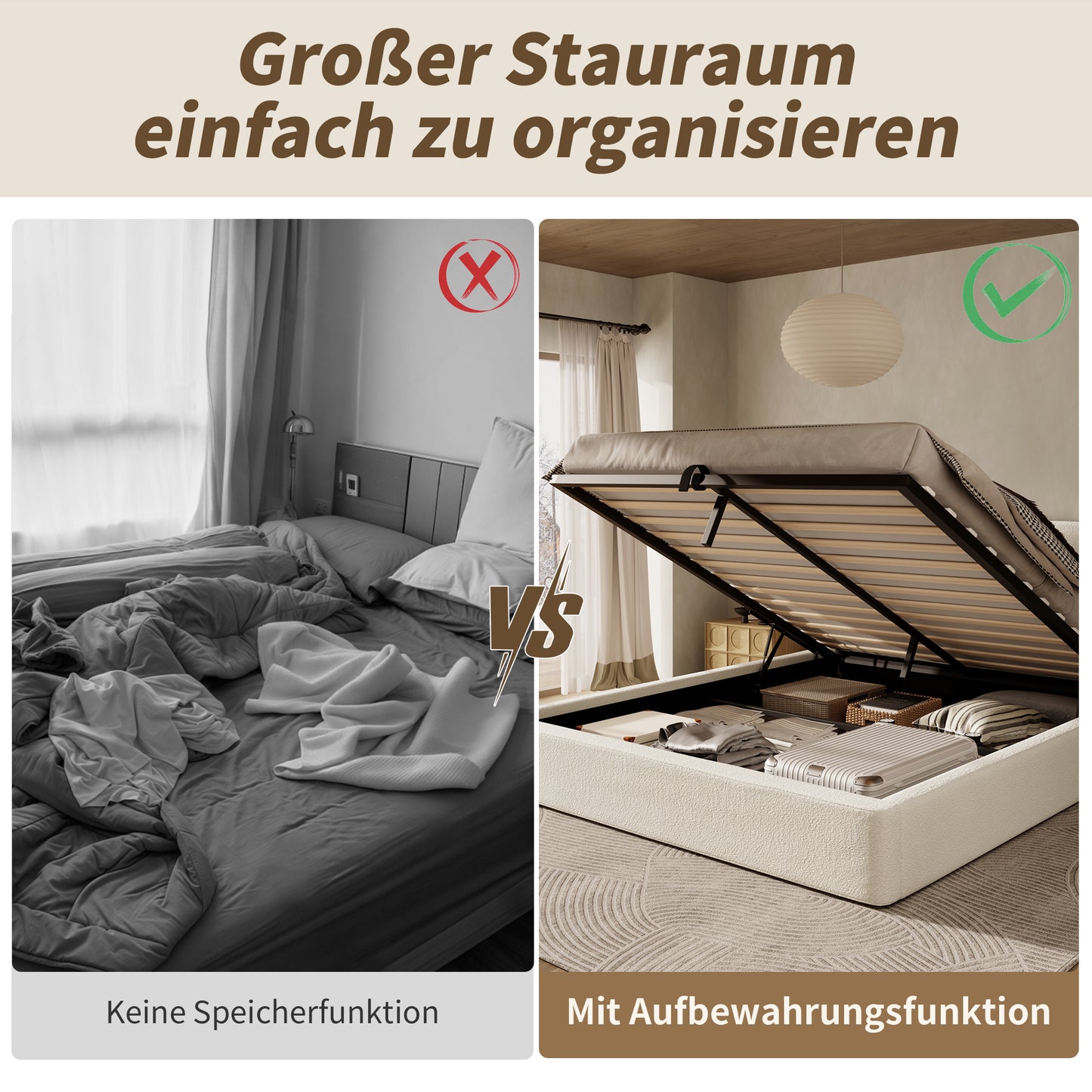 Polsterbett,Doppelbett,180 x 200cm, hydraulisches Funktionsbett,Bett mit Lattenrost, Kopfteil und großem Stauraum, gepolstertes Kopfteil, Inklusive Matratze, Beige Bouclé