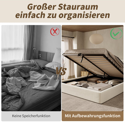 Polsterbett,Doppelbett,180 x 200cm, hydraulisches Funktionsbett,Bett mit Lattenrost, Kopfteil und großem Stauraum, gepolstertes Kopfteil, Inklusive Matratze, Beige Bouclé