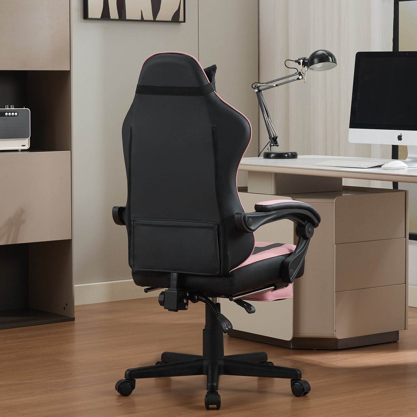 Kawaii Pink & Black Ergonomic Gaming Chair with Lumbar Support and Footrest