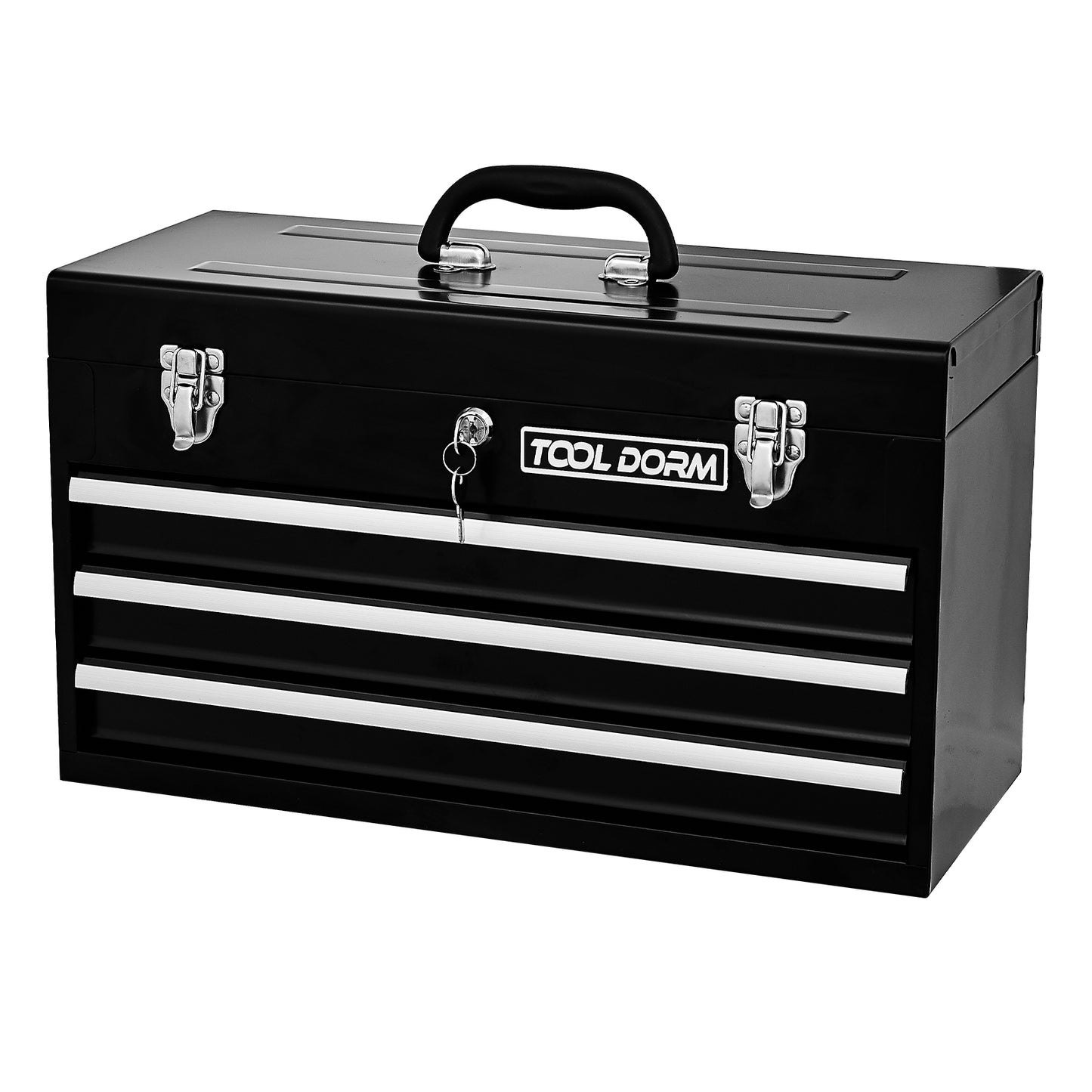 20.3inch Metal Tool Box with Drawers Portable Steel Metal Tool Box with Protective Liner and Metal Latch Closure and Lock for Garage, Home and Warehouse (Black-3 Drawers)