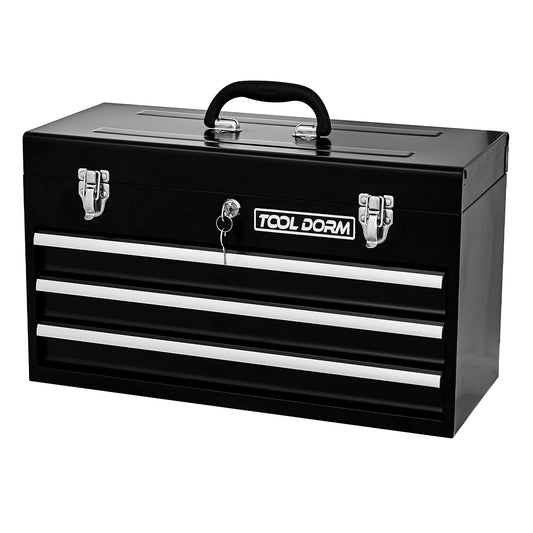 20.3inch Metal Tool Box with Drawers Portable Steel Metal Tool Box with Protective Liner and Metal Latch Closure and Lock for Garage, Home and Warehouse (Black-3 Drawers)