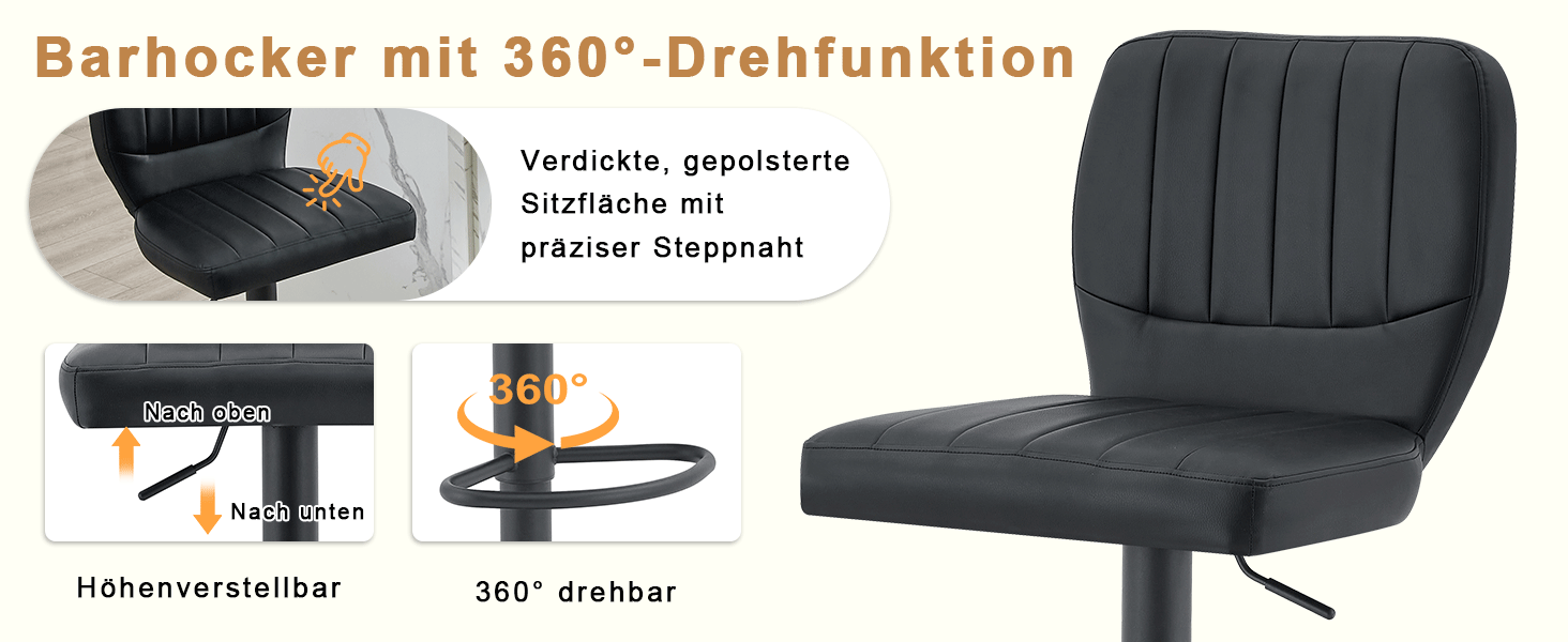 Barhocker höhenverstellbar 62-83cm, 360° drehbarer Barstuhl mit Rückenlehne & Fußstütze, Ergonomischer Küchenhocker aus Kunstleder, belastbar bis 136kg, Schwarz