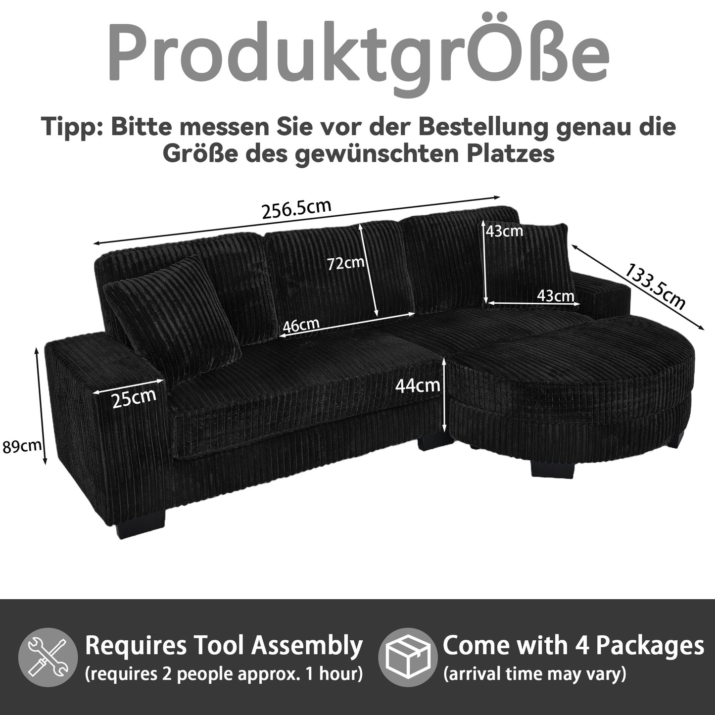 L-formiges Ecksofa 4-Sitzer Sofa, 256 5 x 133 , Klassisches Corduroy, Modulares Design mit Ovalem Hocker, 2