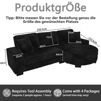 L-formiges Ecksofa 4-Sitzer Sofa, 256 5 x 133 , Klassisches Corduroy, Modulares Design mit Ovalem Hocker, 2