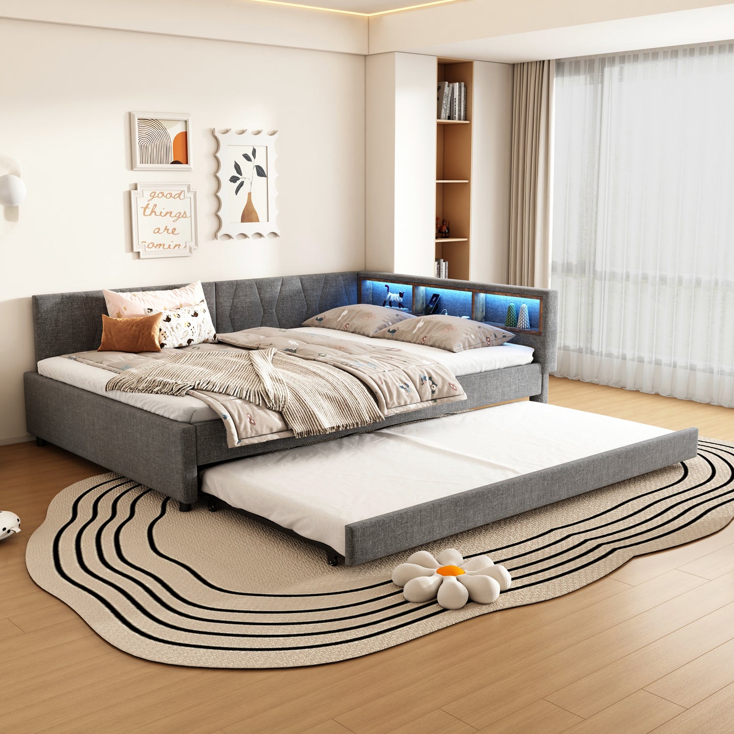 Daybett,140*200cm, Tagesbett, Schlafsofa, Ablagefach am Bett, USB+Typ C,  Mit  LED-Lichtleiste, Bett mit ausziehbarem Bett, Bett mit Lattenrost (ohne Matratze), Leinen, Grau