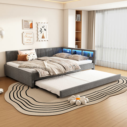 Daybett,140*200cm, Tagesbett, Schlafsofa, Ablagefach am Bett, USB+Typ C,  Mit  LED-Lichtleiste, Bett mit ausziehbarem Bett, Bett mit Lattenrost (ohne Matratze), Leinen, Grau