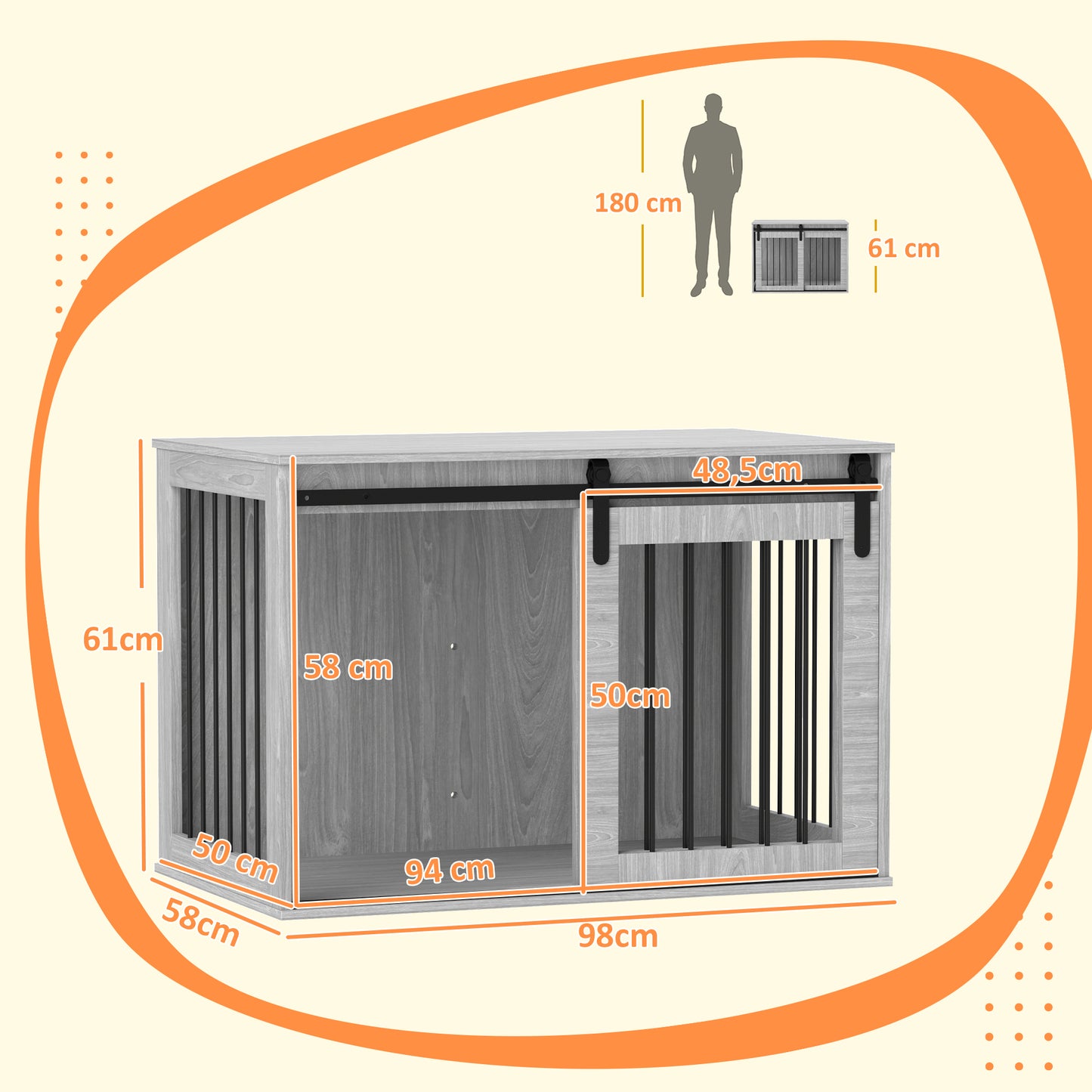Gigab2b original image - PawHut Hundekäfig für Zuhause, Abschließbar Hundehütte mit Eingang, Hundebox mit Schiebetür, Hundehaus für große Hunde unter 30 kg, Grau, 98 x 58 x 61 cm