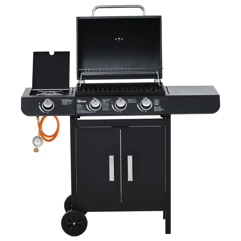 Gigab2b original image - Gasgrill BBQ Grillwagen mit 3 Brennern und 1 Seitenbrenner, Druckminderer und Schläuche, multifunktional, Stahl Schwarz 110x50x100 cm