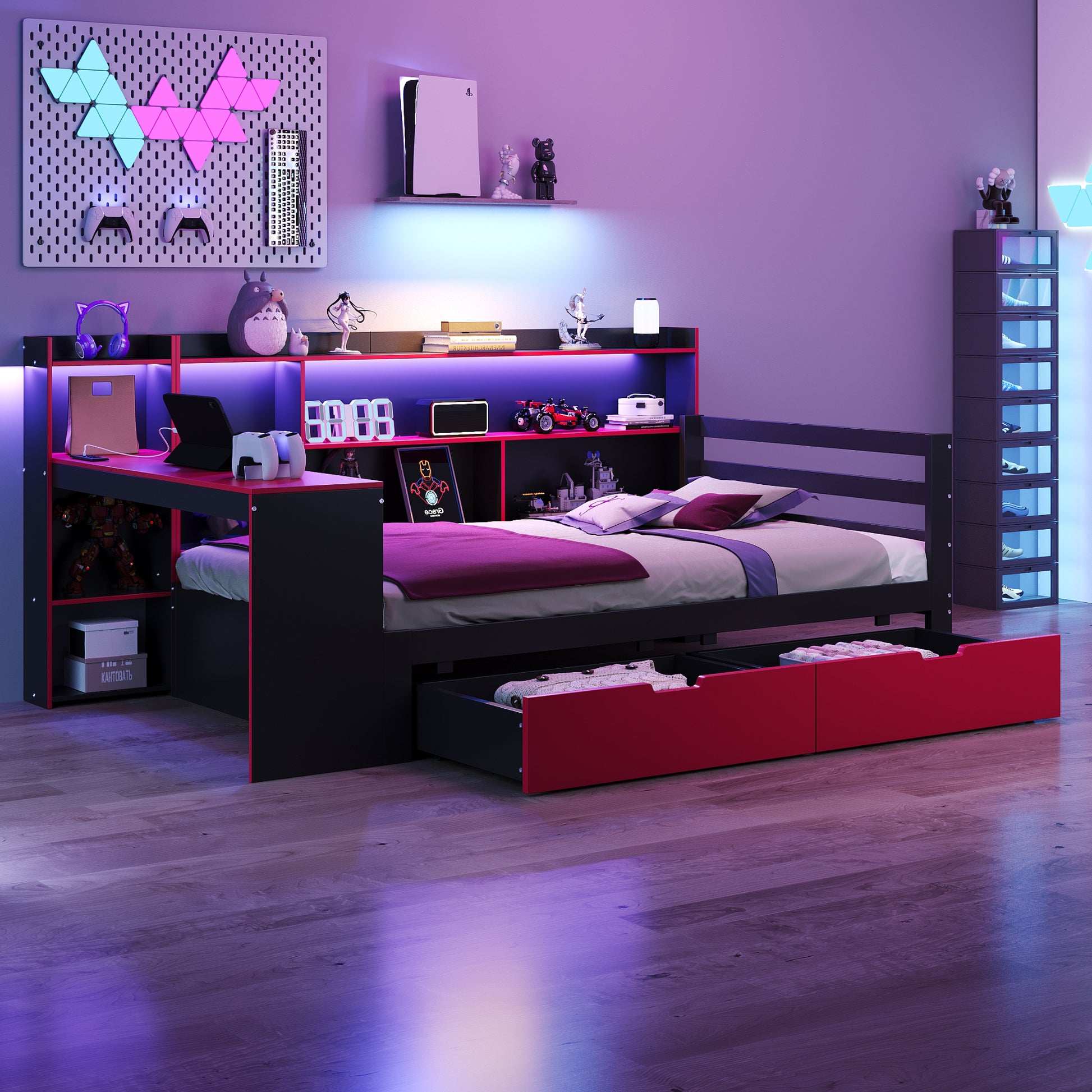 Gigab2b original image - Holzbett Schlafsofa 90 x 200 cm, Mit Schreibtisch, Bücherregal, Staufächern und Regalen, Mit integrierter Beleuchtung und Steckdosen, Schubladen, Multifunktionalem Holzbett, Schwarz + Rot