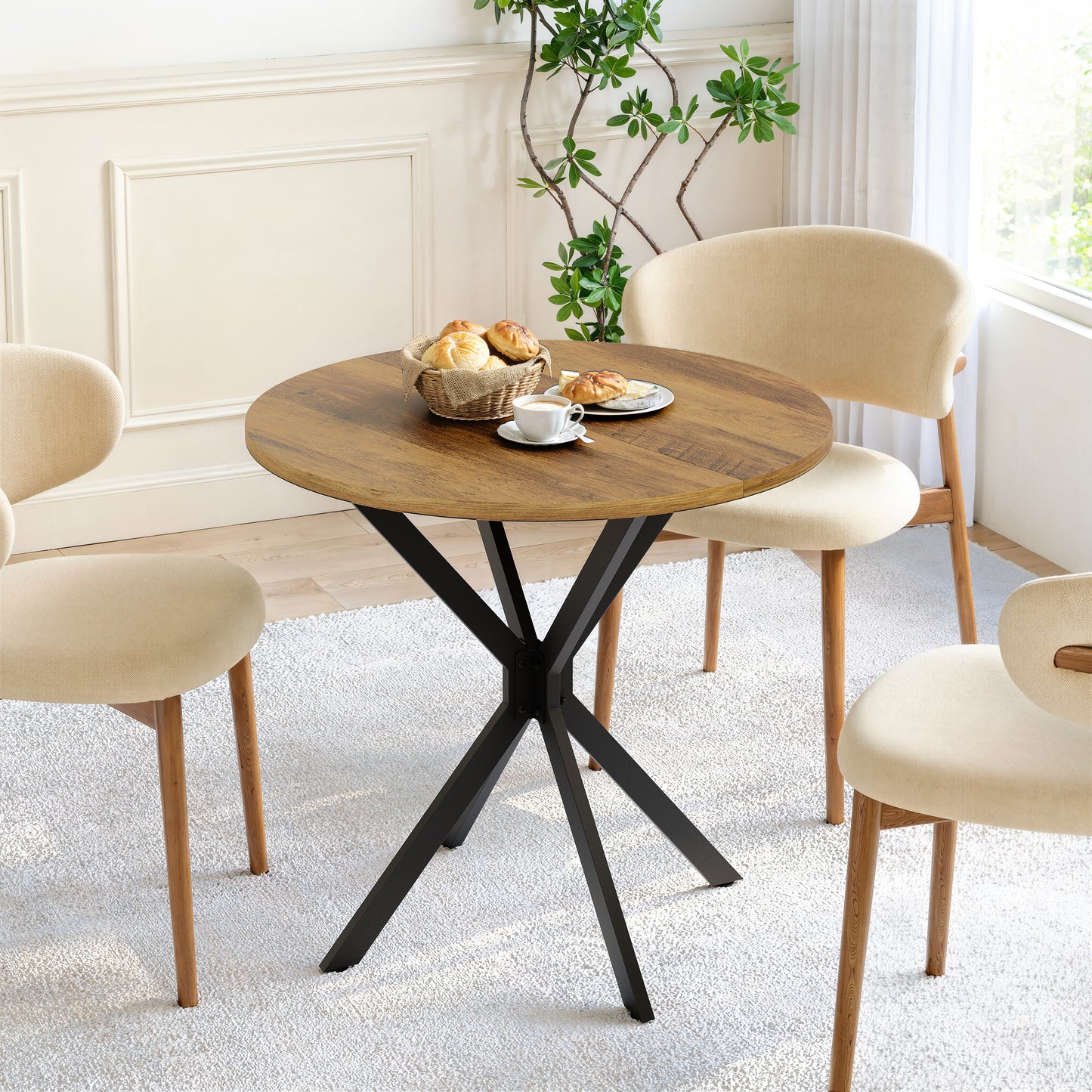 Runder Tisch im Bauernstil mit X-Beinen, 80 cm - Küchentisch, Esstisch für Wohnzimmer, Homeoffice, Balkon oder Café - Retro Braun & Schwarz