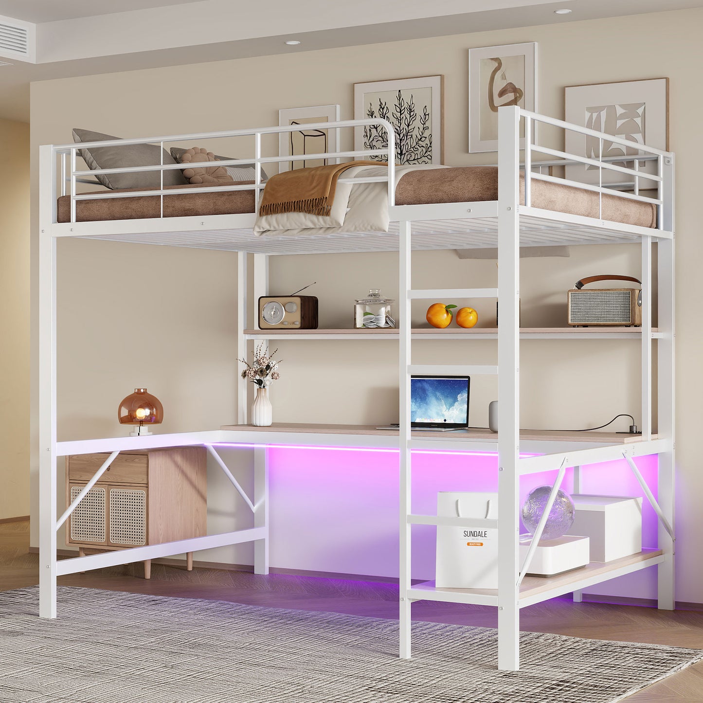 Gigab2b original image - Hochbett, 140*200 cm, Geländer, Trittleiter, mit usb und Steckdose, Mit LED-Leuchten, Schreibtisch, mehrstöckiges Regal, ohne Matratze, Metall, Weiß