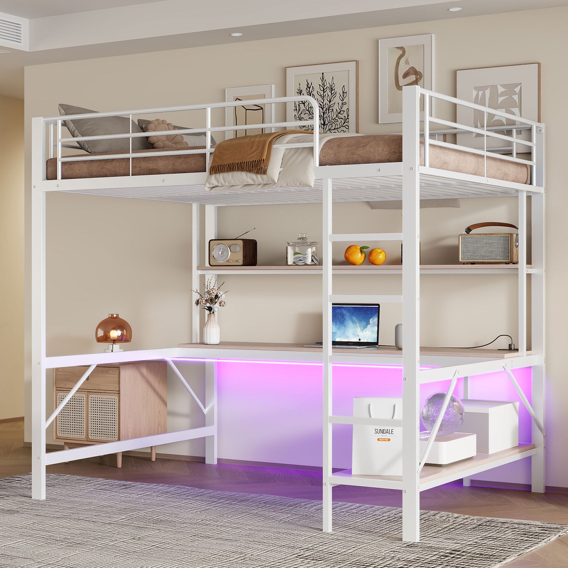 Gigab2b original image - Hochbett, 140*200 cm, Geländer, Trittleiter, mit usb und Steckdose, Mit LED-Leuchten, Schreibtisch, mehrstöckiges Regal, ohne Matratze, Metall, Weiß