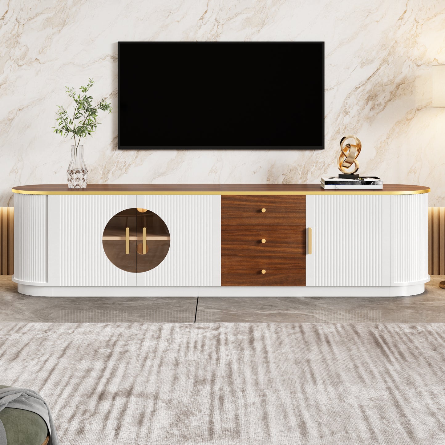 Gigab2b original image - Luxusstil TV-Schrank, Lowboard, Braunes Glas, MDF-Korpus, Aluminiumgriffe, abgerundete Kanten, vertikale Rillenoptik