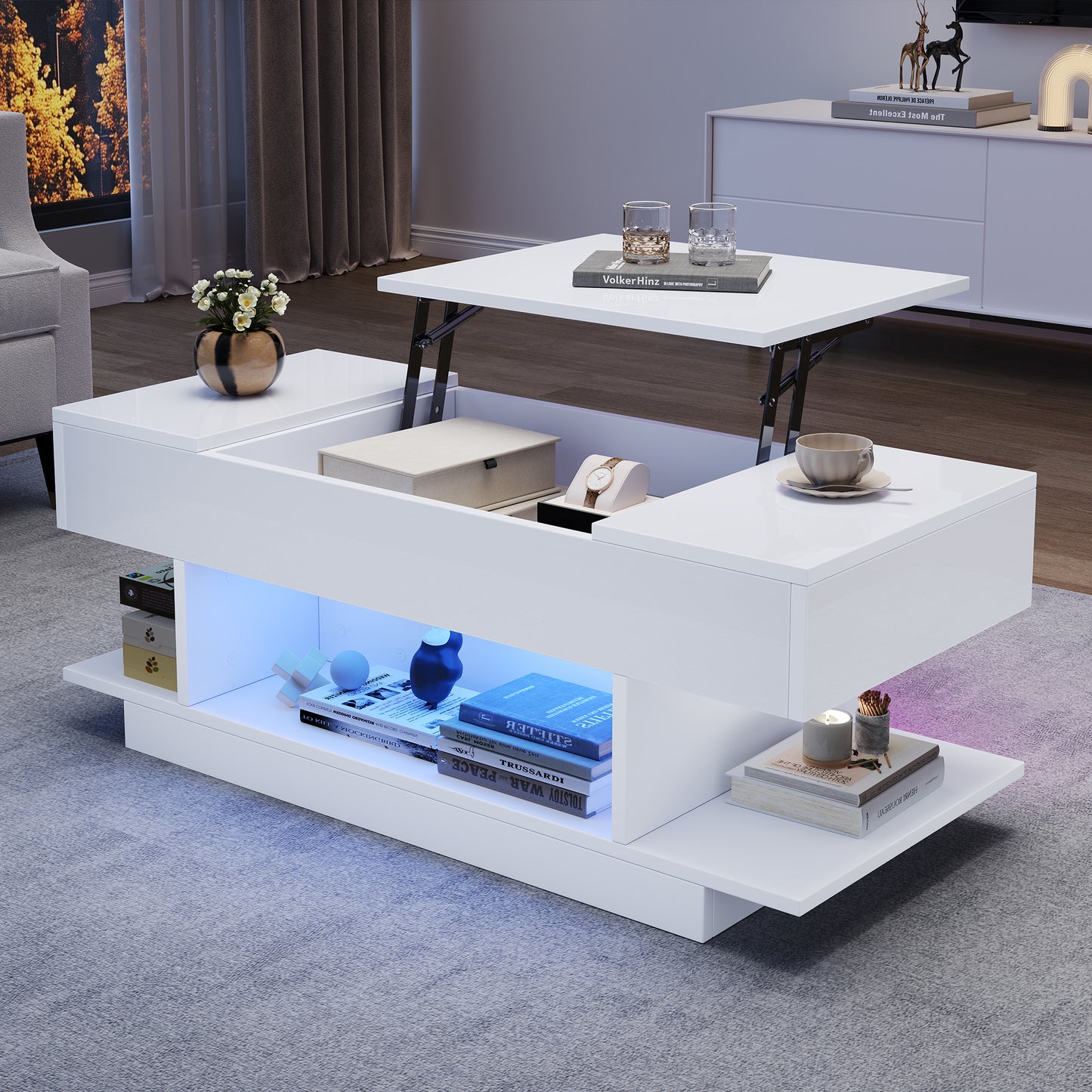 98*45*40cm Lift-Couchtisch mit Lift-Tischplatte,Höhenverstellbarer Sofatisch,kaffeetisch mit 2 Klappschränken,Wohnzimmertisch mit halboffenem Stauraum,Hochglanz-Teetisch mit LED,Weiß