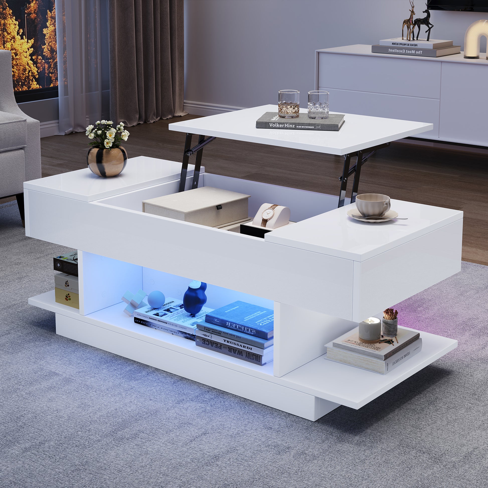 98*45*40cm Lift-Couchtisch mit Lift-Tischplatte,Höhenverstellbarer Sofatisch,kaffeetisch mit 2 Klappschränken,Wohnzimmertisch mit halboffenem Stauraum,Hochglanz-Teetisch mit LED,Weiß