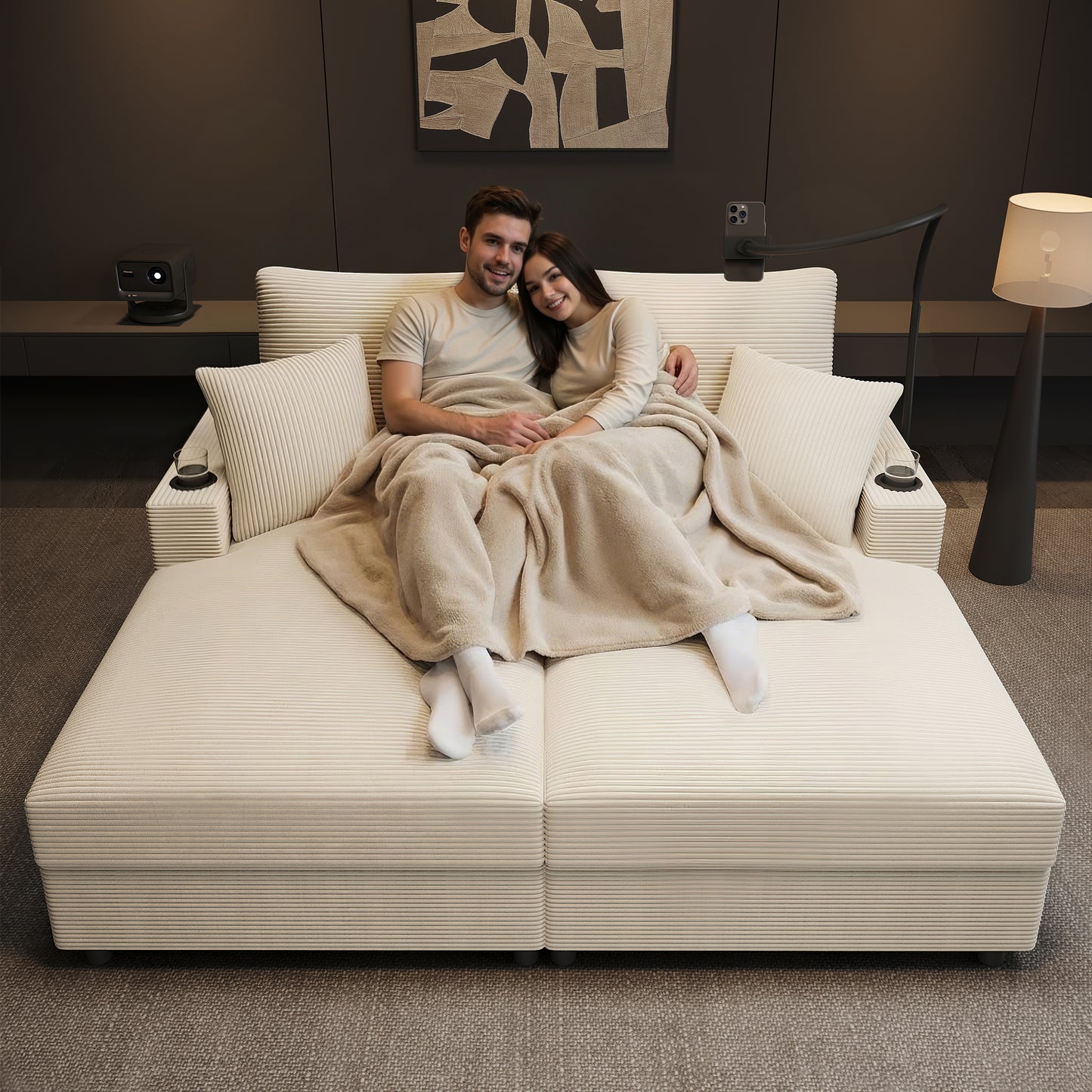 Gigab2b original image - Doppelschlafsofa mit Schlaffunktion, gepolsterter Liegefunktion, Handyhalterung, USB-Anschluss und Getränkehalter. Geeignet für Wohnzimmer, Schlafzimmer oder Heimkino. Beige.