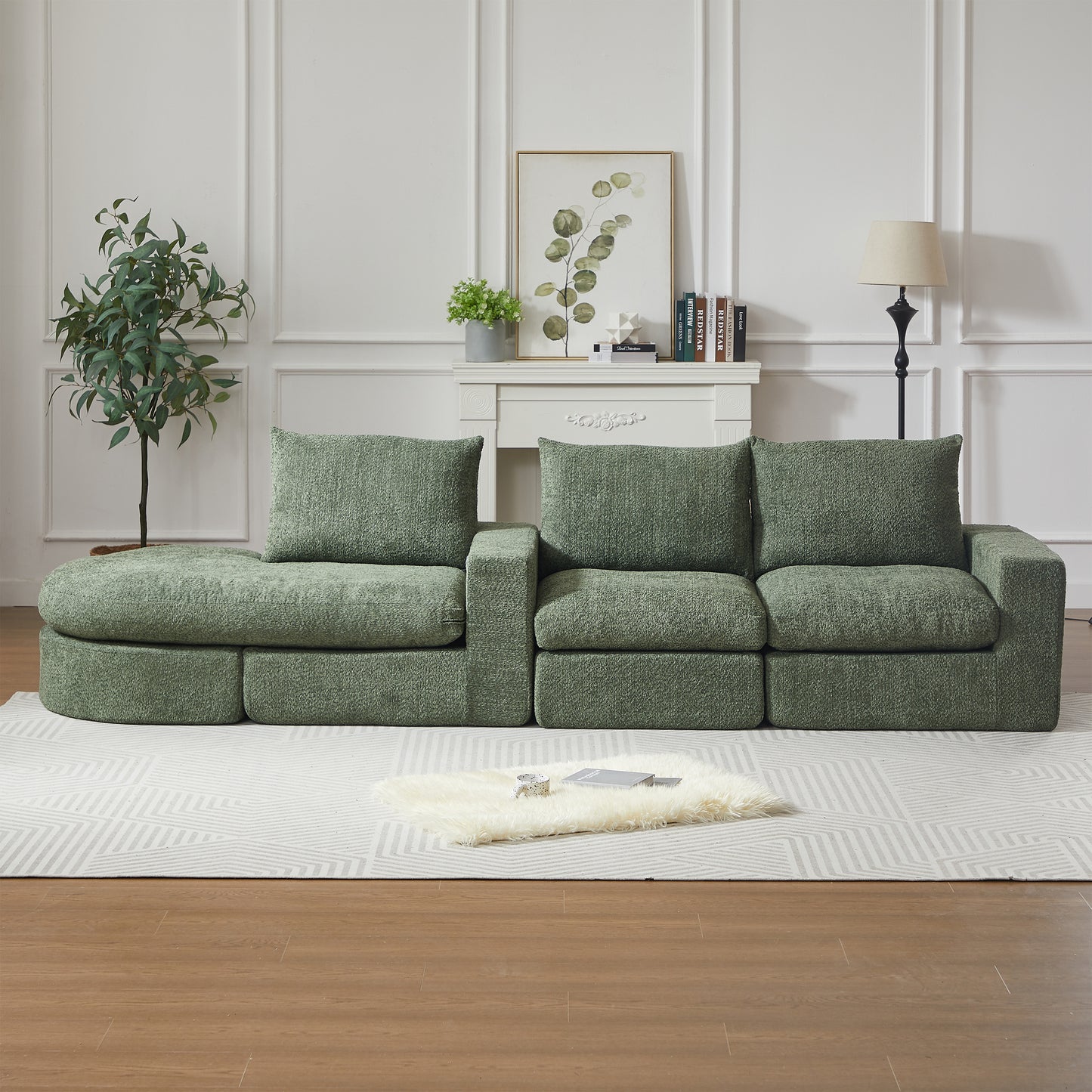 Chenille-Sofa mit gebogenen Elementen und Liegestuhl, vollständig komprimiert und ohne Gestell, modulares Kombinationssofa L-Liegestuhl, Schaumstoff-Kompressionssofa, keine Montage erforderlich