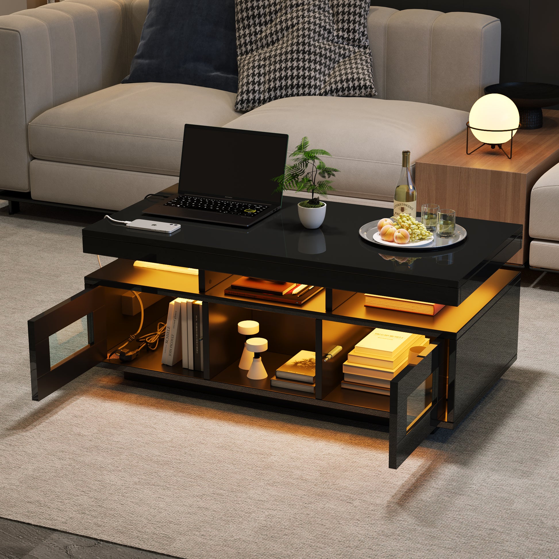 100×50×43cm Schwarz Hochglanz-Couchtisch, mit per mobiler App steuerbaren LED-Leuchten, Wohnzimmertisch mit Schrank, Sofatisch mit Ladeanschluss und steckdose , geeignet für Büro, Arbeitszimmer