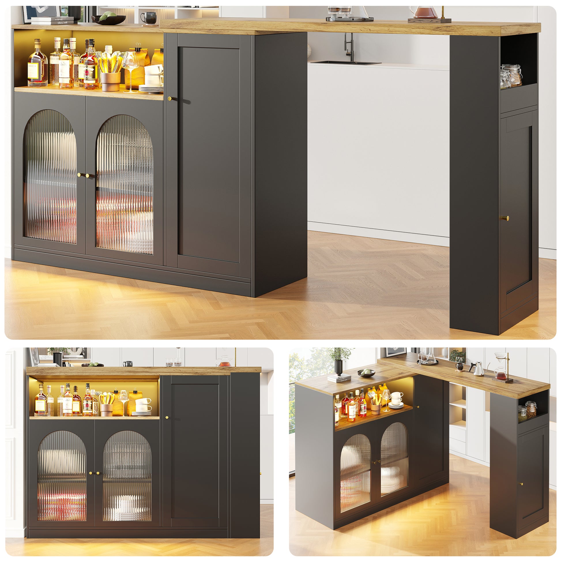 Gigab2b original image - Um 360° drehbarer Bartisch (Hauptkörper: 198 x 39,6 x 97 cm), mattschwarzer Schrank mit Schreibtisch in Holzmaserung, mit Glasschranktür und LED-Licht, Sideboard, Weinschrank, Kaffeeecke