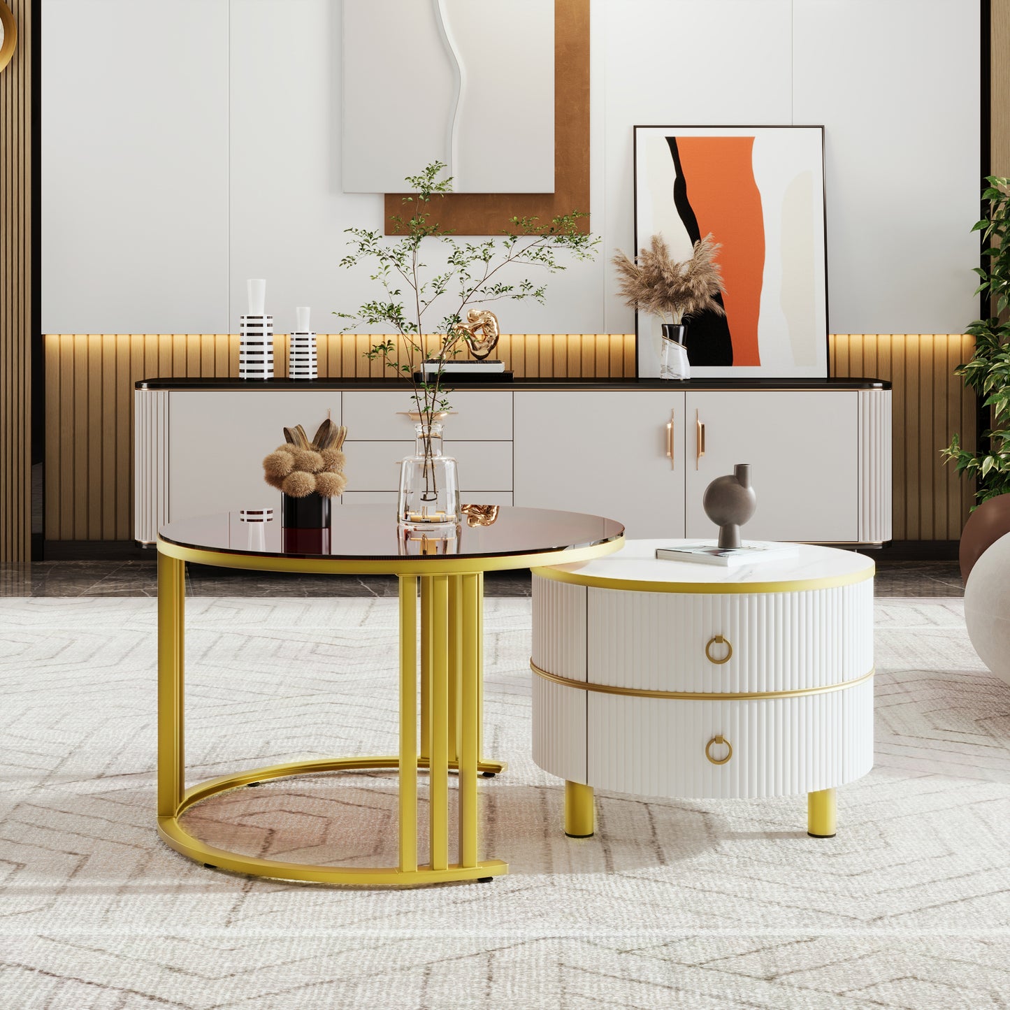 2-in-1 runder Couchtisch aus MDF, Beistelltisch mit 1 weißen Platte und 1 braunen Platte aus gehärtetem Glas, Couchtischkombination mit 2 Schubladen für das Wohnzimmer, 70*70*45 + 50*50*40 cm