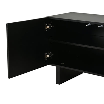 180 × 40 × 55 cm Schwarzes TV-Bank aus Spanplatte, Modernes Lowboard mit Struktur für Wohnzimmer,Fernsehschrank mit 4 Türen, TV-Halterung, Aufbewahrungsschrank.Geeignet für 75-Zoll-Fernseher